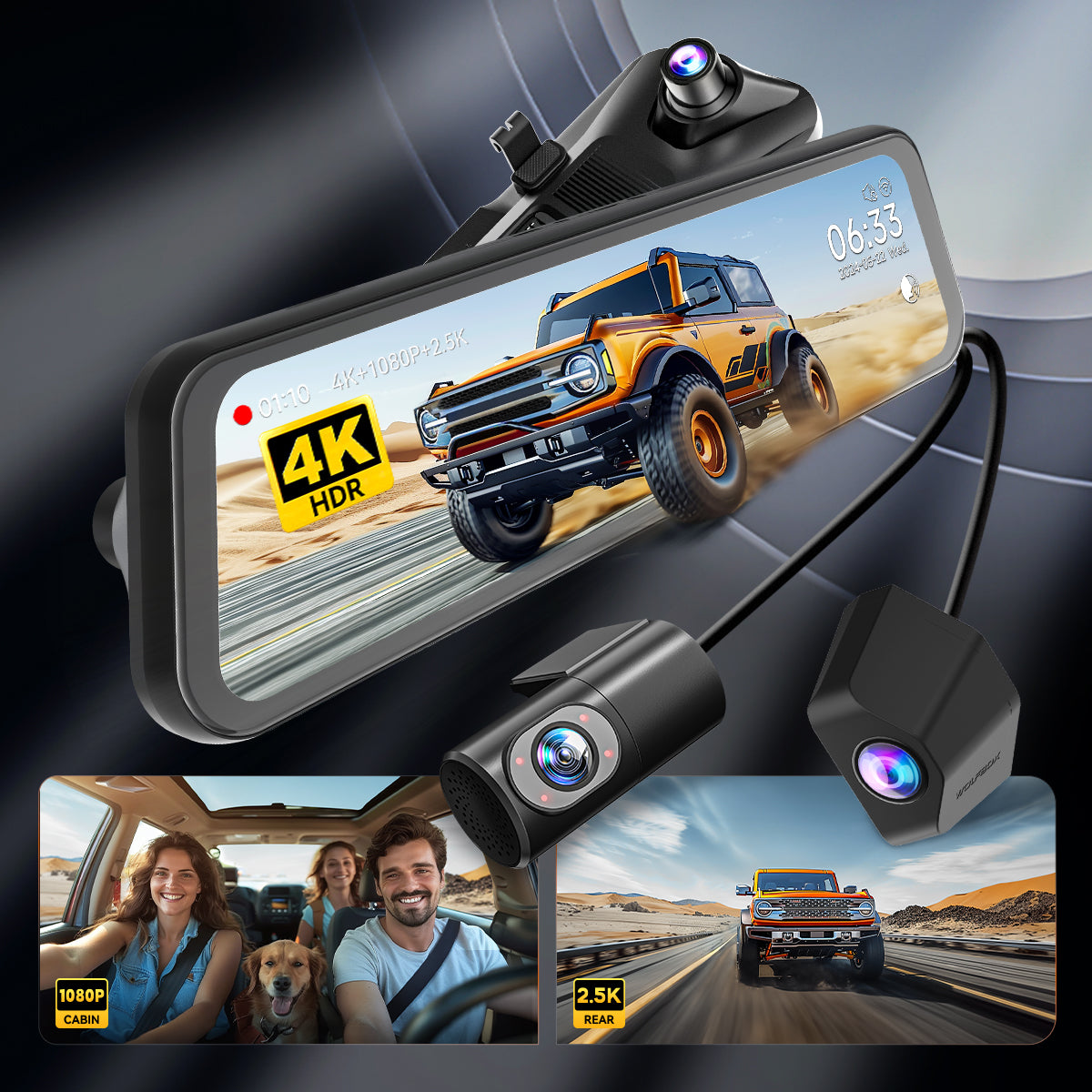 G900 TriPro 4K+2.5K+1080P 3 Channel Cabin Parking Monitor Mirror Dash Cam