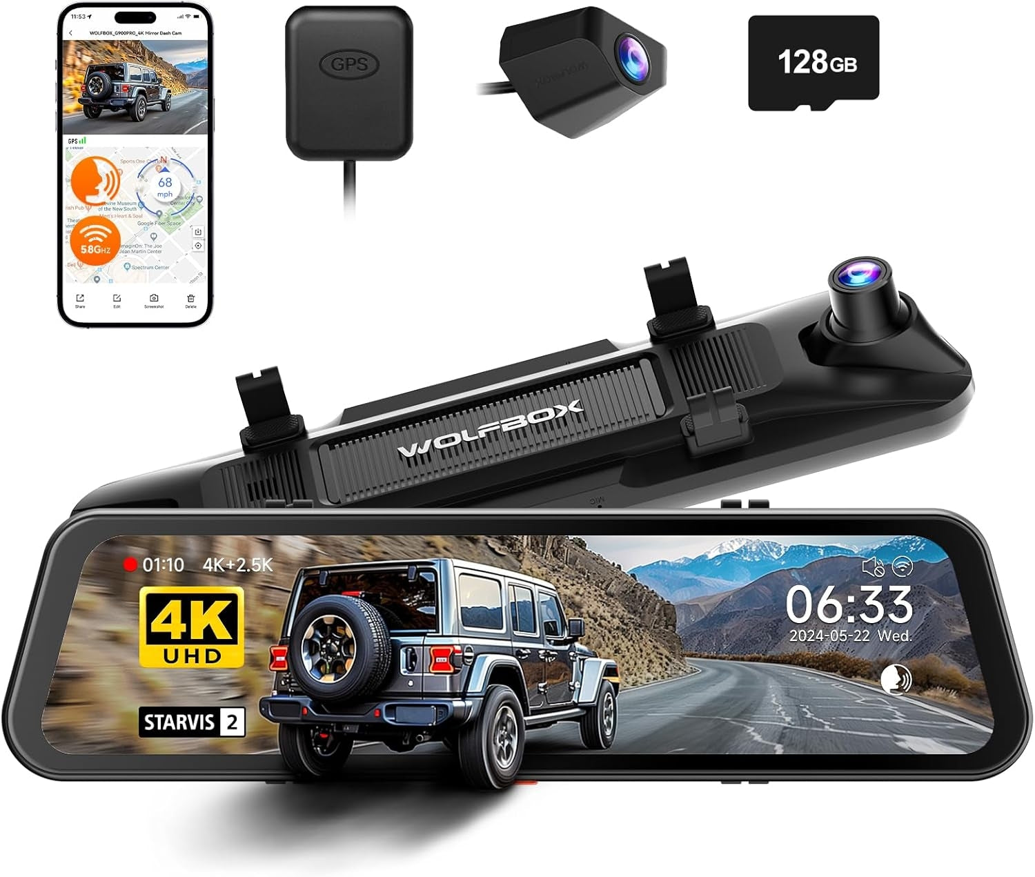 WOLFBOX 12MP WiFi Touch Screen G900Pro Rear View Mirror Dash Cam Smart Mirror