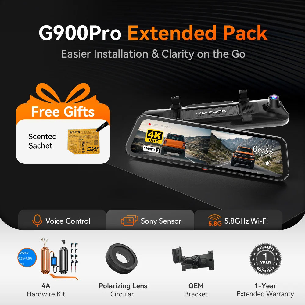WOLFBOX G900Pro 12MP WiFi Touch Screen Rear View Mirror Dash Cam Smart Mirror