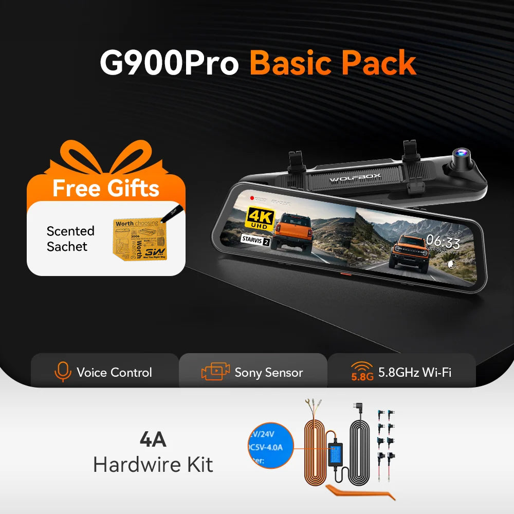 WOLFBOX G900Pro 12MP WiFi Touch Screen Rear View Mirror Dash Cam Smart Mirror