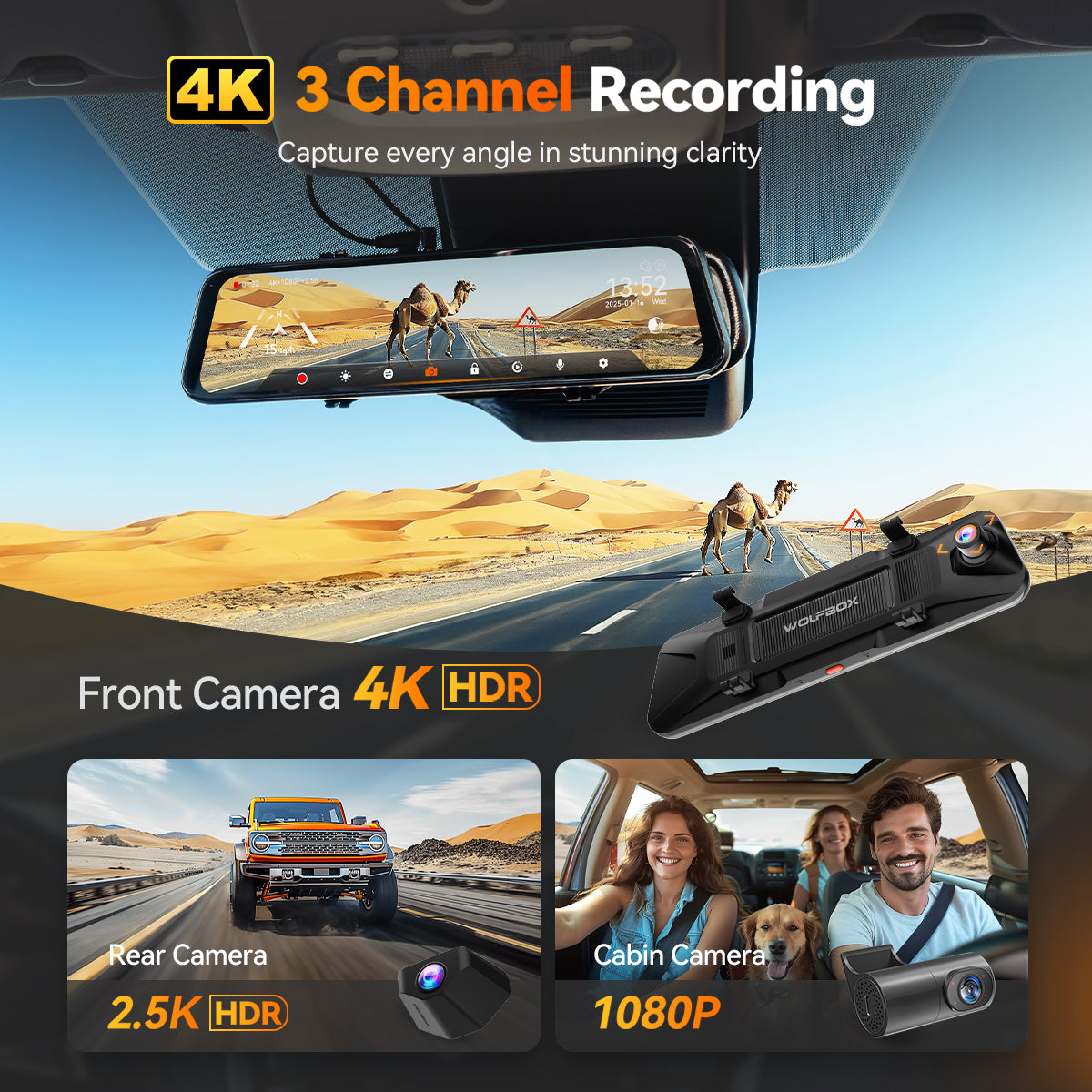 G900TriPro 4K+2.5K+1080P 3 Channel Cabin Monitor Mirror Dash Cam