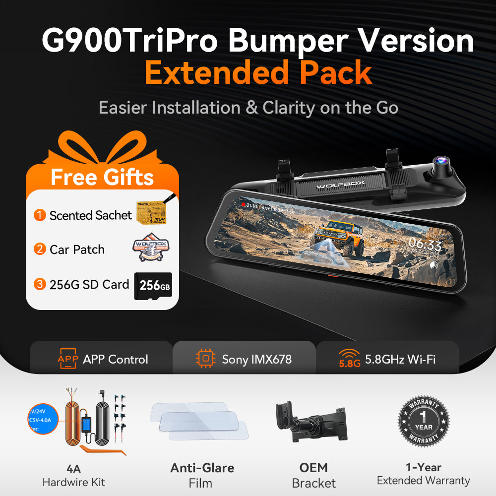WOLFBOX G900 TriPro Bumper Version 3 Channel Rearview Mirror Dash Camera