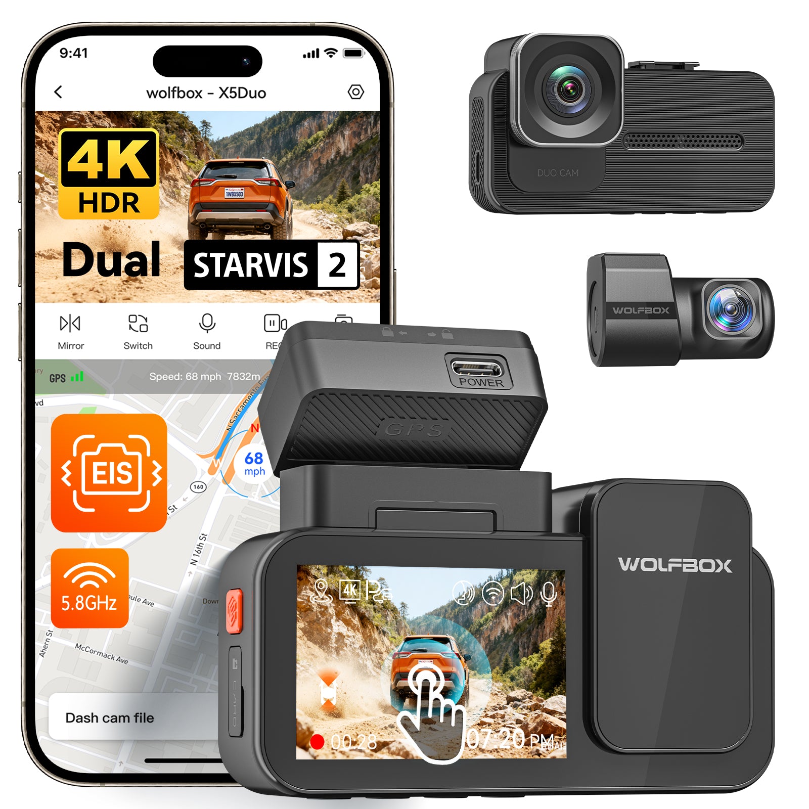 Wolfbox X5 Duo 4K+2.5K STARVIS 2 IMX678 Front and Rear MIni Dash Cam