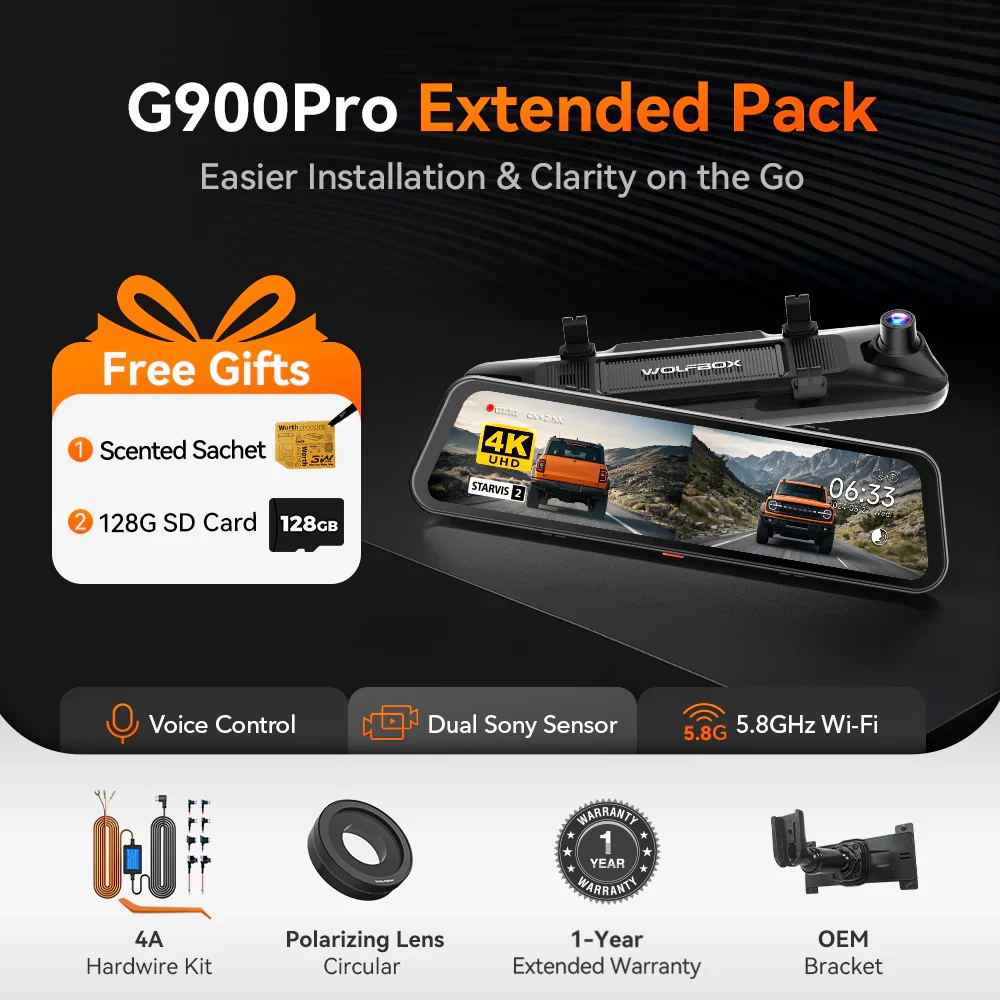 WOLFBOX G900Pro 12MP WiFi Touch Screen Rear View Mirror Dash Cam Smart Mirror