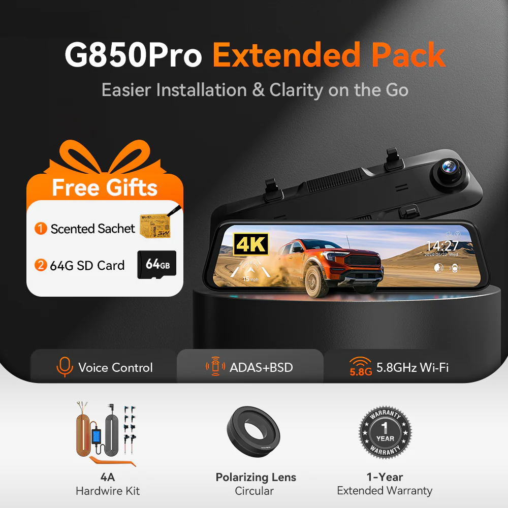 Wolfbox G850Pro Dash Cam | 4K Wifi Car Dash Camera Front and Rear Mirror Dashcam