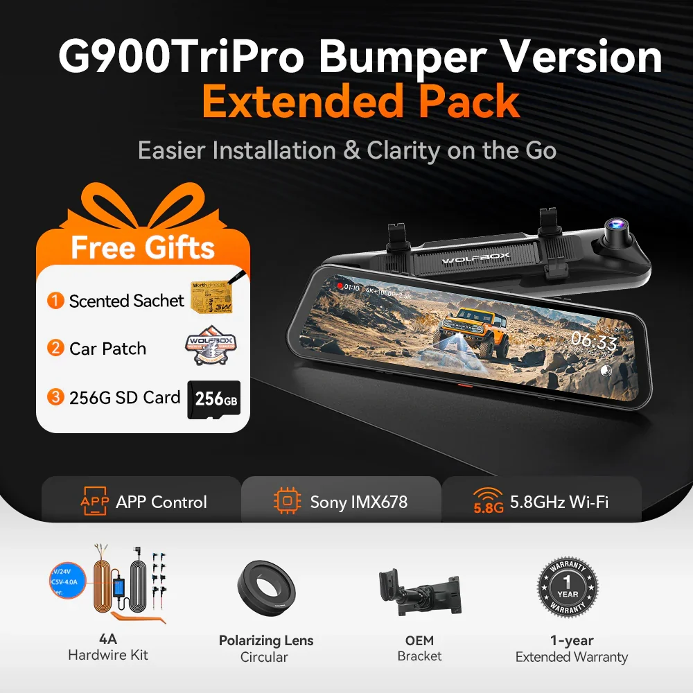 WOLFBOX G900 TriPro Bumper Version 3 Channel Rearview Mirror Camera