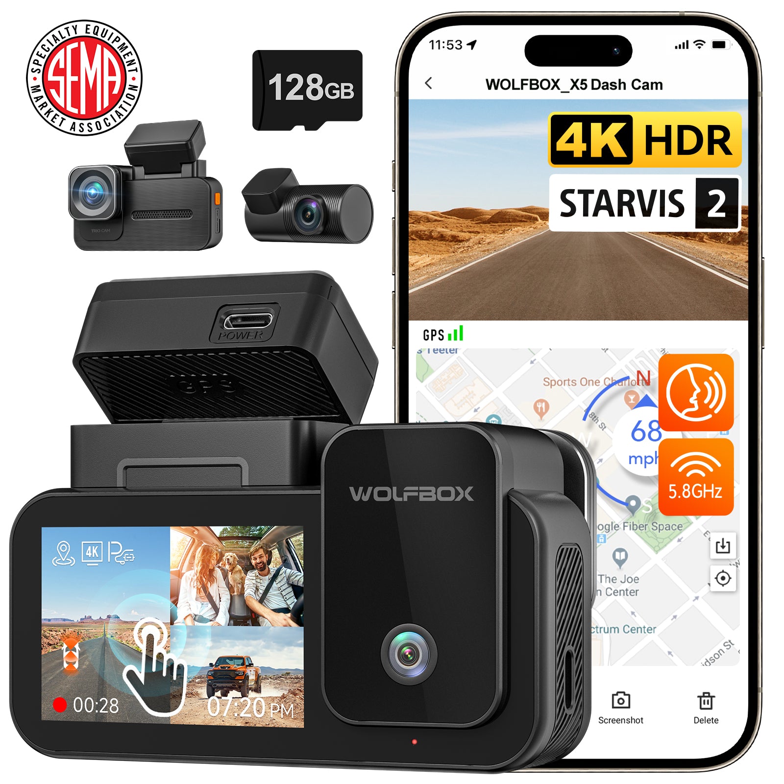 WOLFBOX X5 3 Channel Touchscreen WiFi Mini Dash Camera