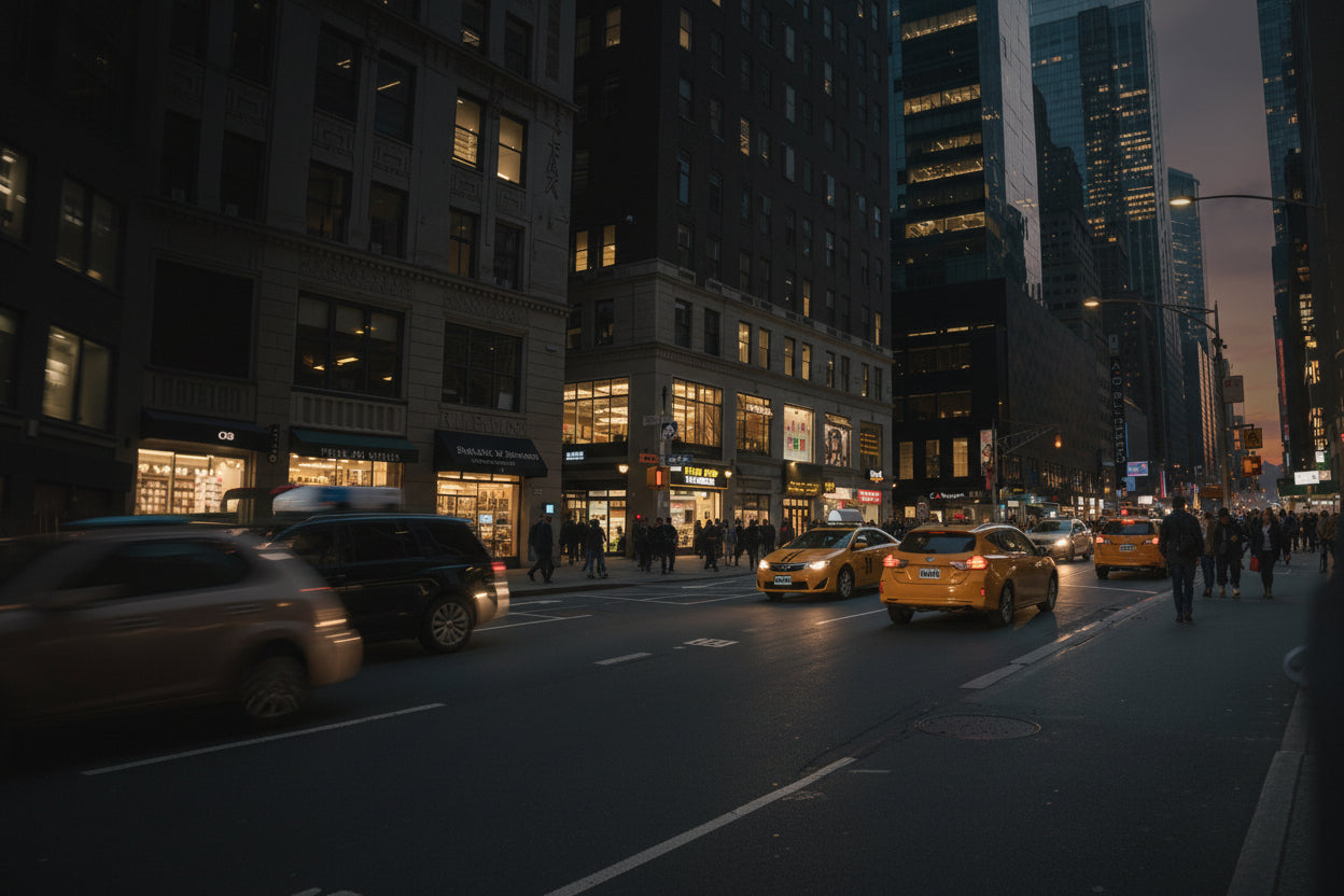 City street at night with illuminated buildings and moving vehicles.