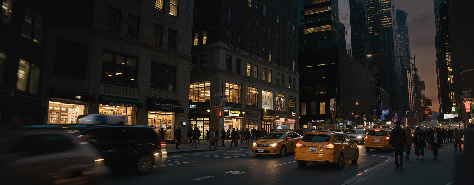 City street at night with illuminated buildings and moving vehicles.
