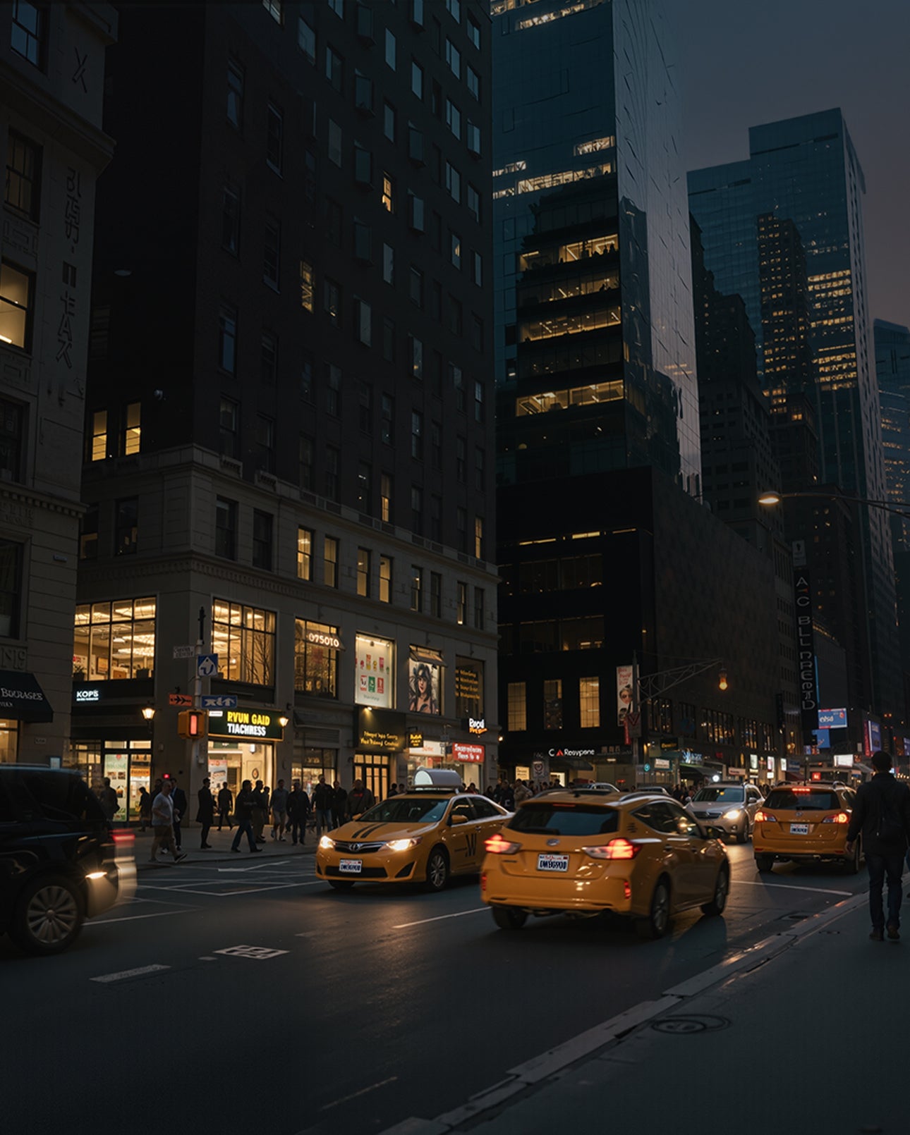City street at night with illuminated buildings and taxis.