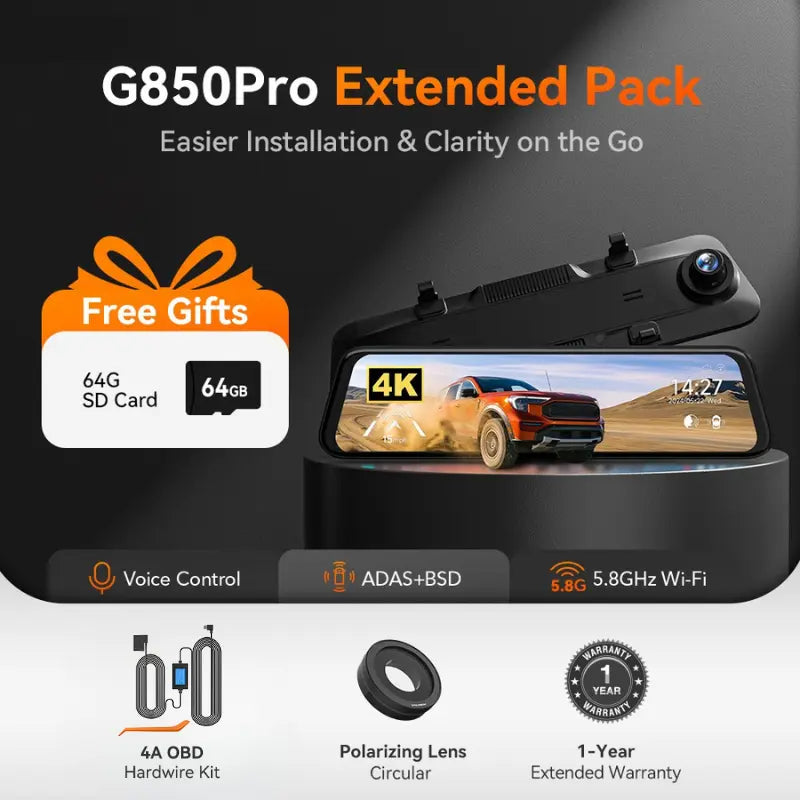Wolfbox G850Pro Dash Cam | 4K Wifi Car Dash Camera Front and Rear Mirror Dashcam
